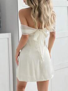 SHEIN EZwear Women's Solid Color Knotted Off Shoulder Mini Dress, Elegant - Apricot - View 1