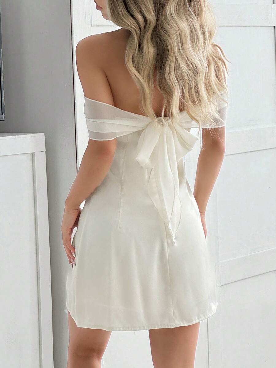 SHEIN EZwear Women's Solid Color Knotted Off Shoulder Mini Dress, Elegant - Apricot - View 1