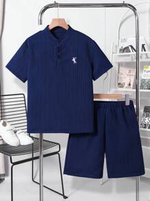 2pcs Teenage Boy Textured Fabric Shirt With Western Stitch Print & Matching Shorts, Spring & Summer Set - Dark Wash - View 1