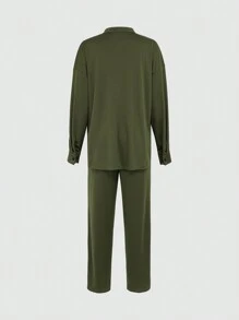 INAWLY Conjunto de 2 piezas para mujeres: Blusa de botones de manga larga con hombros caídos y pantalones de un solo color, conjunto informal de otoño
