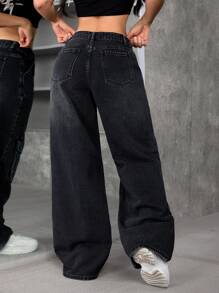 SHEIN EZwear Women's Casual Washed Wide-Leg Cargo Jeans