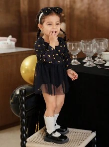 SHEIN Baby Girl Casual Foil Heart Pattern Splice Mesh Ruffle Bodysuit With Headband - Navy Blue - View 5