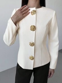 Firerie Nueva chaqueta de estilo elegante y sofisticado para oficina de otoño/invierno, color beige con botones metálicos en el cuello