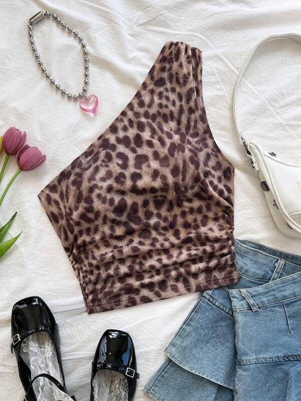 Soleia Blusa sexy y casual con un hombro fruncido y estampado de leopardo