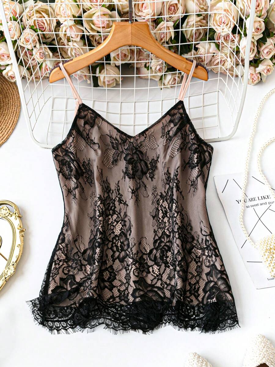 SHEIN LUNE 1pc Women's Solid Color Lace Fabric Regular Fit Elegant Basic Camisole Top