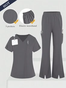 TaskEZ 2 件女士医疗保健制服 - 纯色 V 领上衣和开衩长裤、手术套装、女士 V 领短袖双口袋工作制服上衣和松紧腰带直筒裤、健康检查手术制服女士纯色宠物美容工作制服套装营养师工作服短袖实验室工作服女士两件套西装、多口袋强力功能工作服、上衣领子加纽扣方便穿脱、下装松紧腰带方便穿脱、功能强大、新年女装 - 灰色 - 查看 1