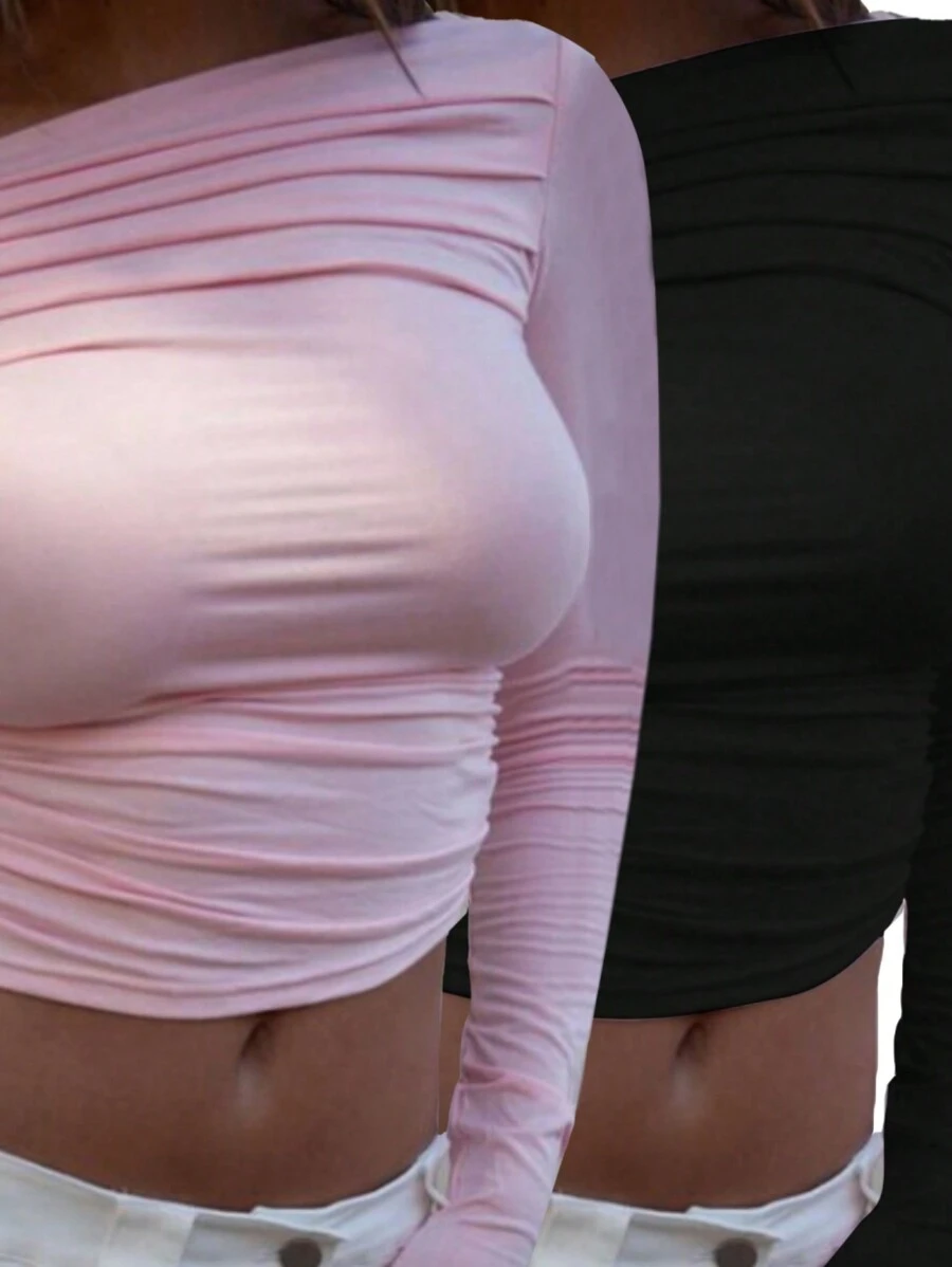 INAWLY Atasan Crop Top Wanita Kasual Polos dengan Leher Asimetris dan Detail Kerut untuk Musim Gugur - MultiWarna - View 1