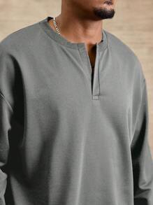 Manfinity Homme 大码男士休闲纯色落肩长袖 T 恤，秋季 - 灰色 - 查看 4