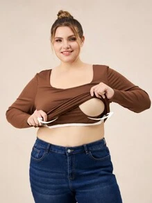 SHEIN BASICS Casual Solid Color Knit Crew Neck Long Sleeve Slim Fit Plus Size T-Shirt