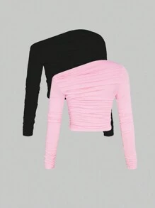 INAWLY Atasan Crop Top Wanita Kasual Polos dengan Leher Asimetris dan Detail Kerut untuk Musim Gugur - MultiWarna - View 2