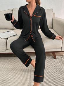 RueChic 2pcs Viscose Button Front With Contrast Colour Piping Detail PJ Set - Black - View 3