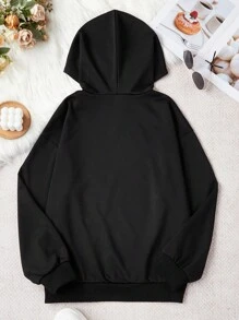 SHEIN LUNE 时尚休闲独特二维码印花黑色长袖连帽卫衣，女款套头衫，秋季必备