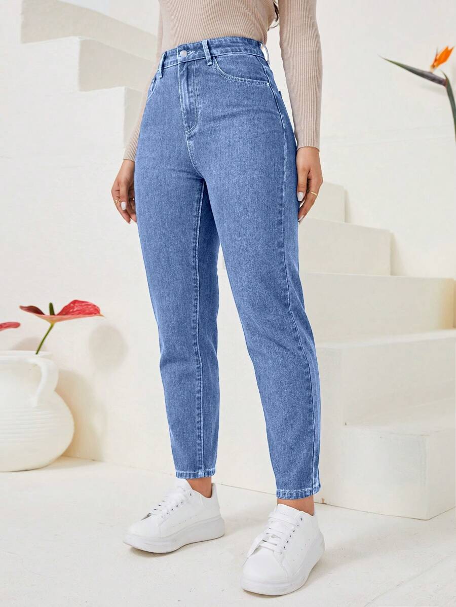 SHEIN Privé 高腰胡蘿蔔緊身牛仔褲 - 淺色水洗藍 - 查看 1