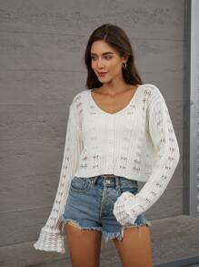 INAWLY Cardigan Ringan Leher V Putih Berongga untuk Musim Gugur untuk Wanita - Putih - View 5