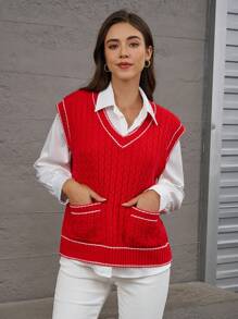 INAWLY Women's Red Contrast Color Knitted Cable Knit Sweater Vest, Autumn/Winter - Red - View 1