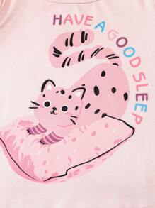 Set de 2 piezas de camisa de manga larga y pantalones ajustados con estampado de gato lindo para niña, color rosa claro
