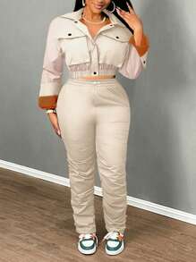 Slaydiva 女士 2 件套前扣长袖纯色上衣和裤子休闲装