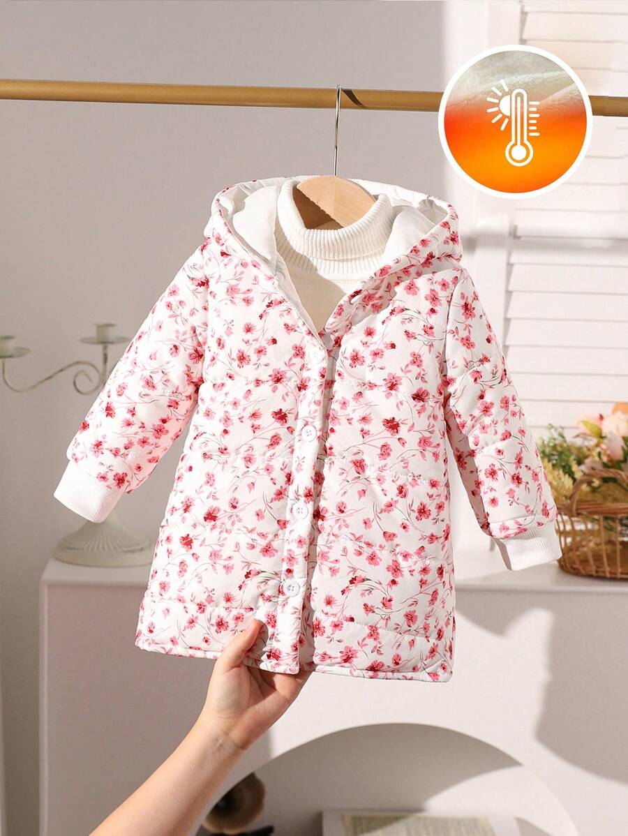 女婴冬季满身花卉印花连帽休闲棉服外套 - 米色 - 查看 1