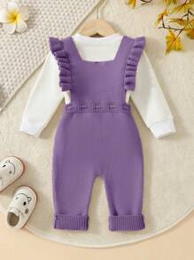 SHEIN Cute Heart Shape Ruffle Knitted Jumpsuit For Baby Girl - Purple - View 2