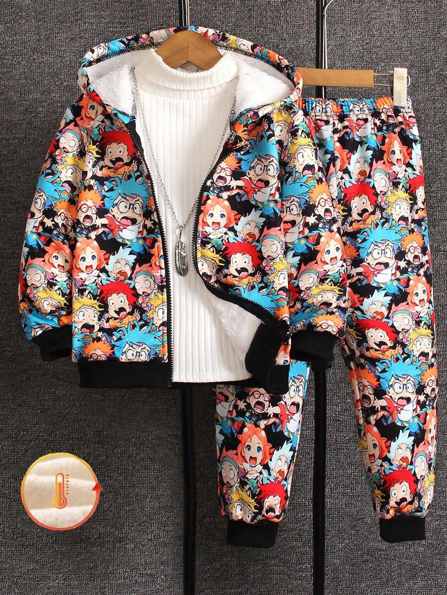 SHEIN Bộ 2 chiếc/Bộ Áo khoác dài tay in hình nhung cho bé trai và quần nỉ in hình nhung phù hợp, Trang phục dạo phố thời trang trở lại trường, Xuân Thu - Nhiều màu - Xem 1