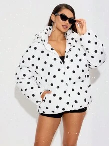 SHEIN SXY Women's Polka Dot Print Pocket Lined Padded Coat, Winter; Casual Daily Winter Thickened Warm Jacket Hollow Clothing Thanksgiving Women's Winter Clothing Winter Women's Jacket Winter Women's Coat, Light And Casual