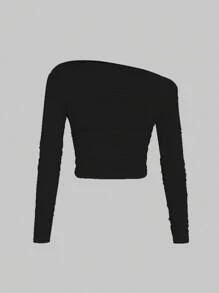 INAWLY Atasan Crop Top Wanita Kasual Polos dengan Leher Asimetris dan Detail Kerut untuk Musim Gugur - MultiWarna - View 4