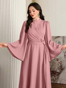 Modelyn 女士阿拉伯风格抽绳系带休闲连衣裙，简约日常穿着长款晚礼服，端庄 - 粉色 - 查看 5