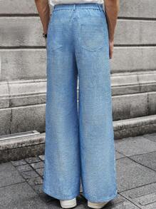 Manfinity VCAY 男士梭织休闲宽松松紧腰直筒裤，时尚图案长款都市休闲裤，适合日常穿着、丈夫、男朋友礼物 - 藍色 - 查看 2