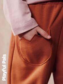 SHEIN 1 件装少女运动裤，基本款，可爱/复古/休闲/居家/外出，秋冬季 - 棕色 - 查看 6