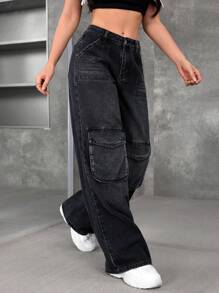 SHEIN EZwear Women's Casual Washed Wide-Leg Cargo Jeans