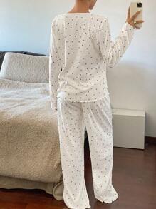 Livesso Conjunto de pijama con estampado de lunares, diseño de dobladillo ondulado y decoración de lazo