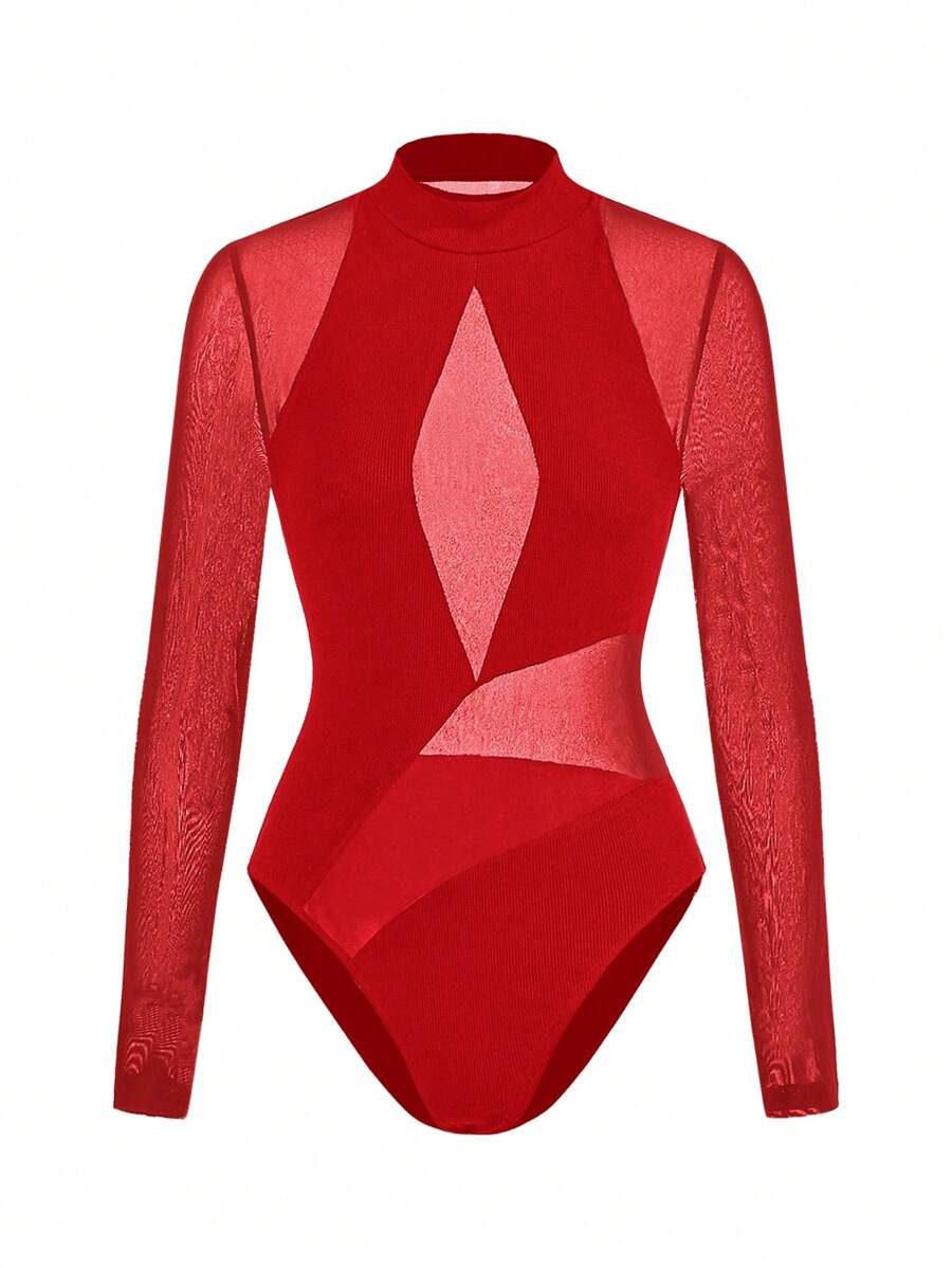 The Perfect Party Designer Red See-Through Turtleneck Party Bodysuit, For Holiday, Rave Outfits Festival - Red - View 1