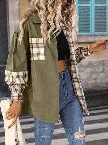 SHEIN LUNE Casual Plaid Patchwork Regular Jacket, Spring/Autumn - Olive Green - View 6