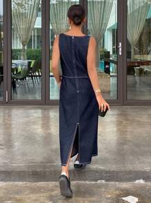 DAZY 女式无袖纯色圆领修身长口袋牛仔连衣裙，秋季服装