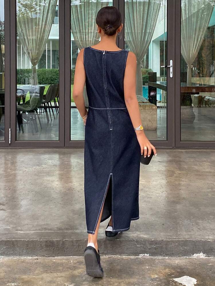 Sleeveless Solid Color Round Neck Bodycon Long Pocket Denim Dress For Women,Fall Clothes Maxi Dress