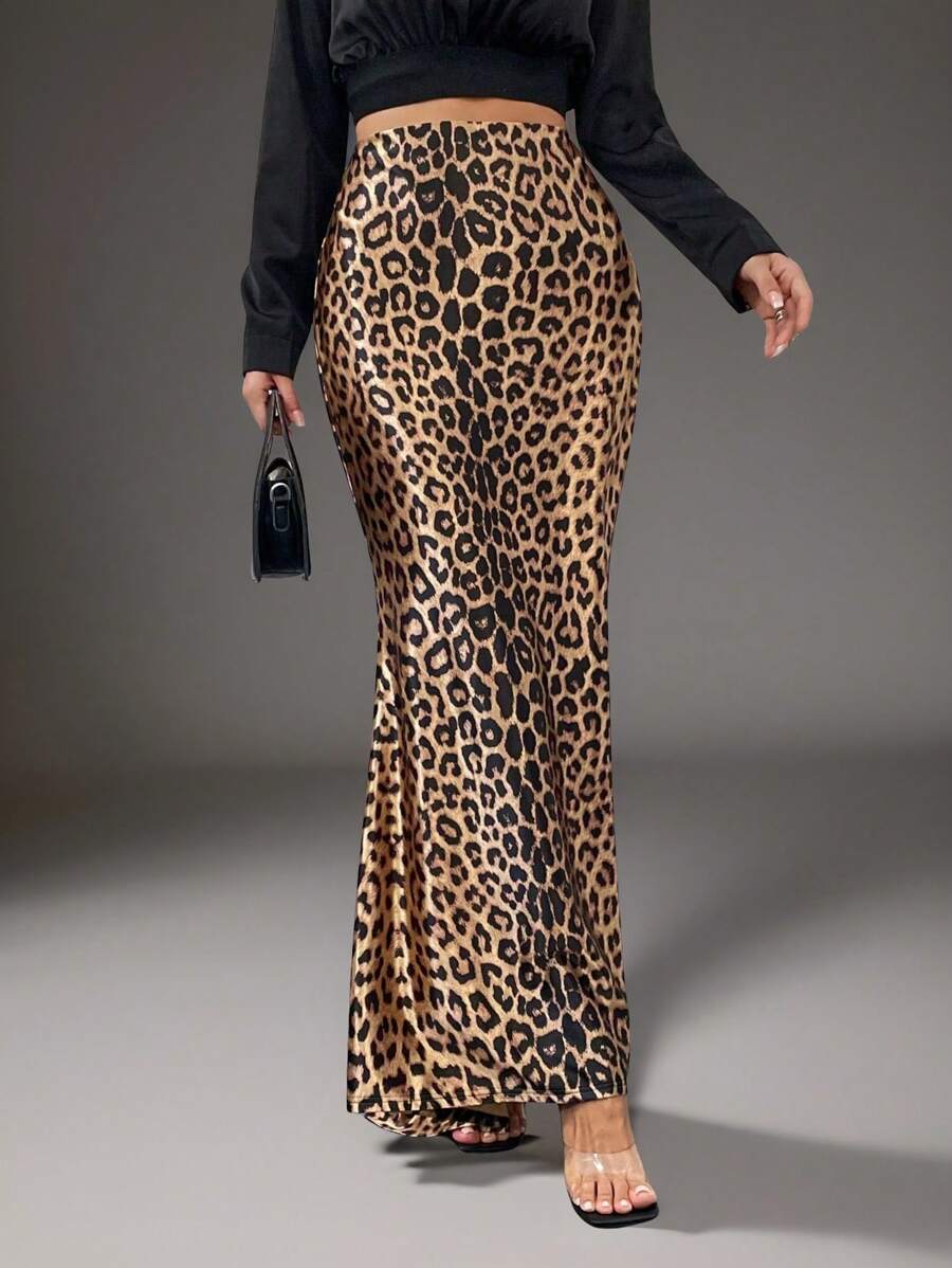 Glamine Falda larga tipo cola de sirena con estampado de leopardo para el atuendo de mujer