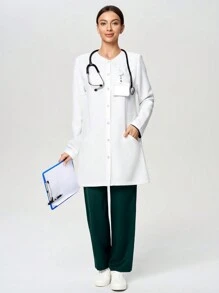 Scrubzie 抗皱凉爽触感女式长袖单排扣口袋实验室大衣/白大衣 - 白色 - 查看 5