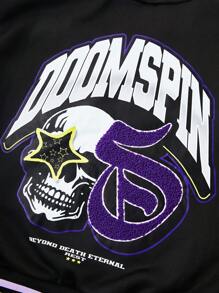 PAVTROS Manfinity Streetrush 男士青春街头风 INS 黑紫配色骷髅哥特字体 3D 刺绣多元素印花棒球领夹克，秋冬男士嘻哈风外出时尚印花棒球长袖撞色夹克，送给朋友、丈夫、男友的礼物，保暖内衬夹克 - 彩色 - 查看 5