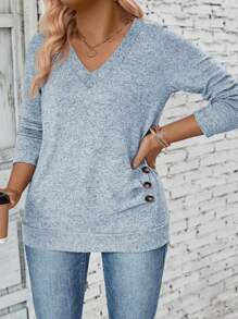 INAWLY Women's V-Neck Long Sleeve Side Slit Button Decor Pleats Soft Knit Casual Pullover, Autumn/Winter Fall Cloth For Women