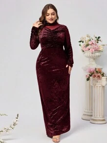 SHEIN Belle 大码纯色立领褶皱网眼撞色优雅长袖鸡尾酒连衣裙