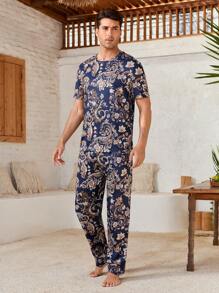 Manfinity 2pcs Men's Allover Print Crewneck Short Sleeve Top And Long Pants Home Wear Set - Multicolor - View 5