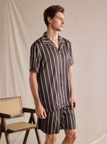 EverLounge Men Striped Print Band-Collar Short Sleeve Single-Breasted Top And Shorts Pajama Set - Multicolor - View 4