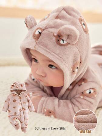 Cozy Pixies Baby Jungen Cartoon Bären Ohr Kapuzen Langarm Romper mit Hose, dick thermisch gefüttert