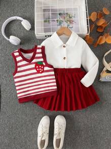 SHEIN Conjunto de 3 piezas para niña con: Blusa de manga larga estilo academia con cuello de solapa y hombros caídos en color blanco, Camiseta sin mangas con escote en V, con bordado de fresas a rayas, y Falda plisada de cintura alta en color liso