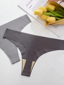 12pcs Assorted Floral Plaid & Solid Seamless Thong Panties, Casual - Multicolor - View 6