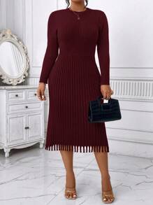 Celure Plus Size Dames Mid-Calf Lengte Ronde Hals Effen Kleur Geplooide Taille Getailleerd Elegante Lange Mouw Trui Jurk, Winter