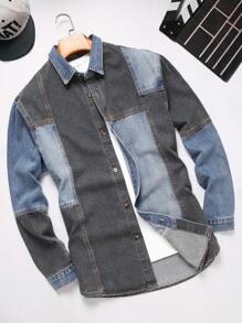 Manfinity Homme Men's Color Block Long Sleeve Single-Breasted Casual Loose Denim Jacket, Autumn - Multicolor - View 1