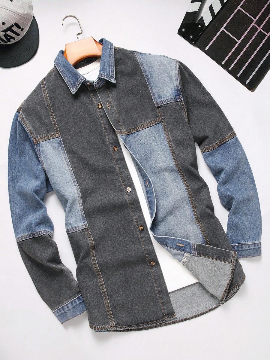 Manfinity Homme Men's Color Block Long Sleeve Single-Breasted Casual Loose Denim Jacket, Autumn - Multicolor - View 1