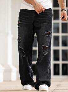 Manfinity Roughcore Men's Casual Washed Ripped Straight Leg Jeans - Black - View 5