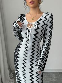 Chiquease Women's Casual Simple Lace-Up Collar All-Over Print Long Sleeve Sweater Dress Fall Cloth For Women